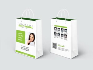 A shopping bag featuring an image of a woman, designed for Nimidental, showcasing a stylish design and vibrant colors.