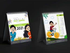 A calendar featuring a child and a girl riding bikes, designed for Nimi dental, showcasing playful outdoor activities.