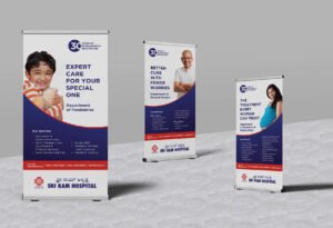 A standee designed for Sriram hospital describing their services and experience